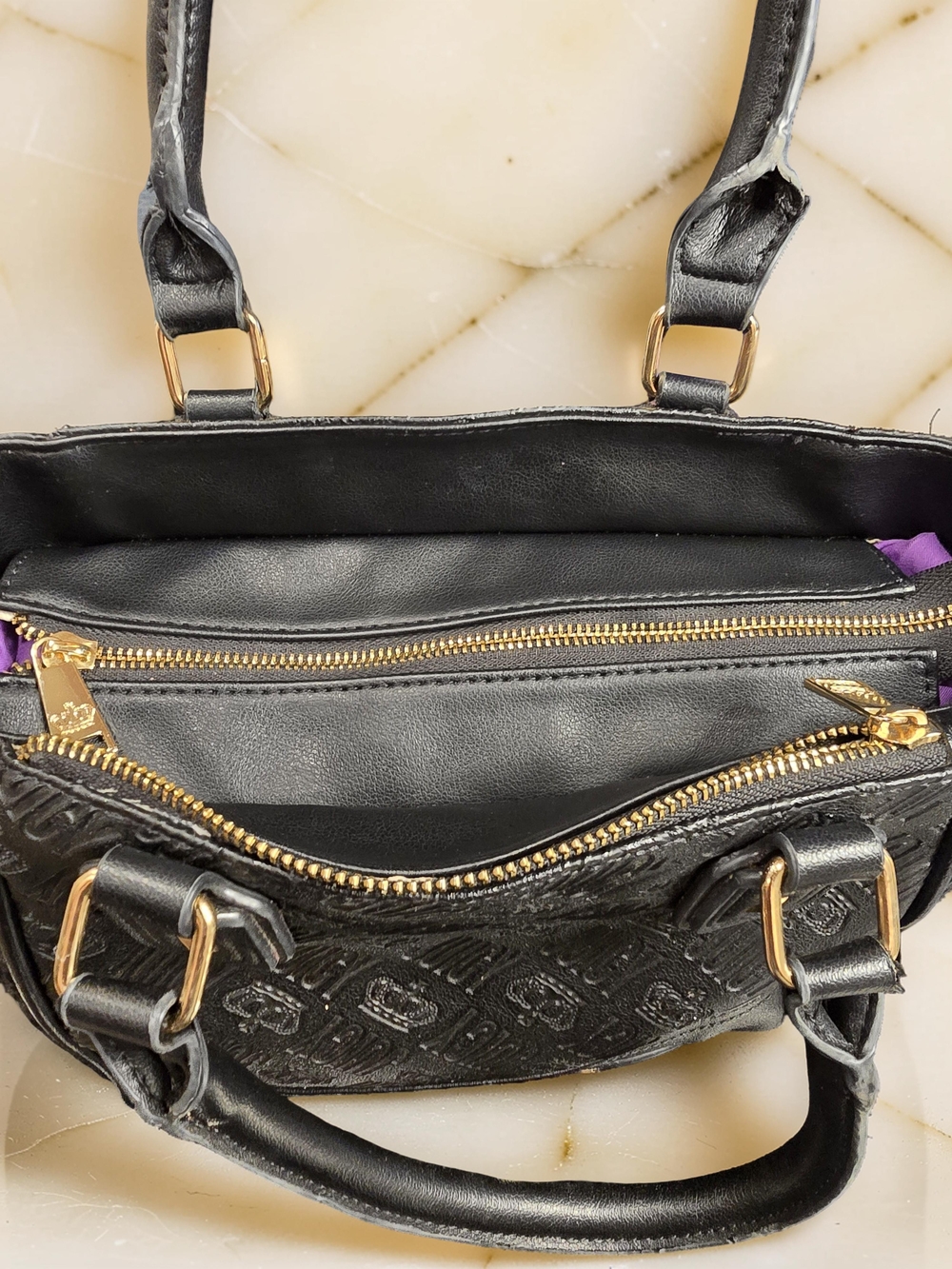 Juicy Couture Fame Satchel Black Debossed Monogram Speedy Bag - Picture 11 of 13